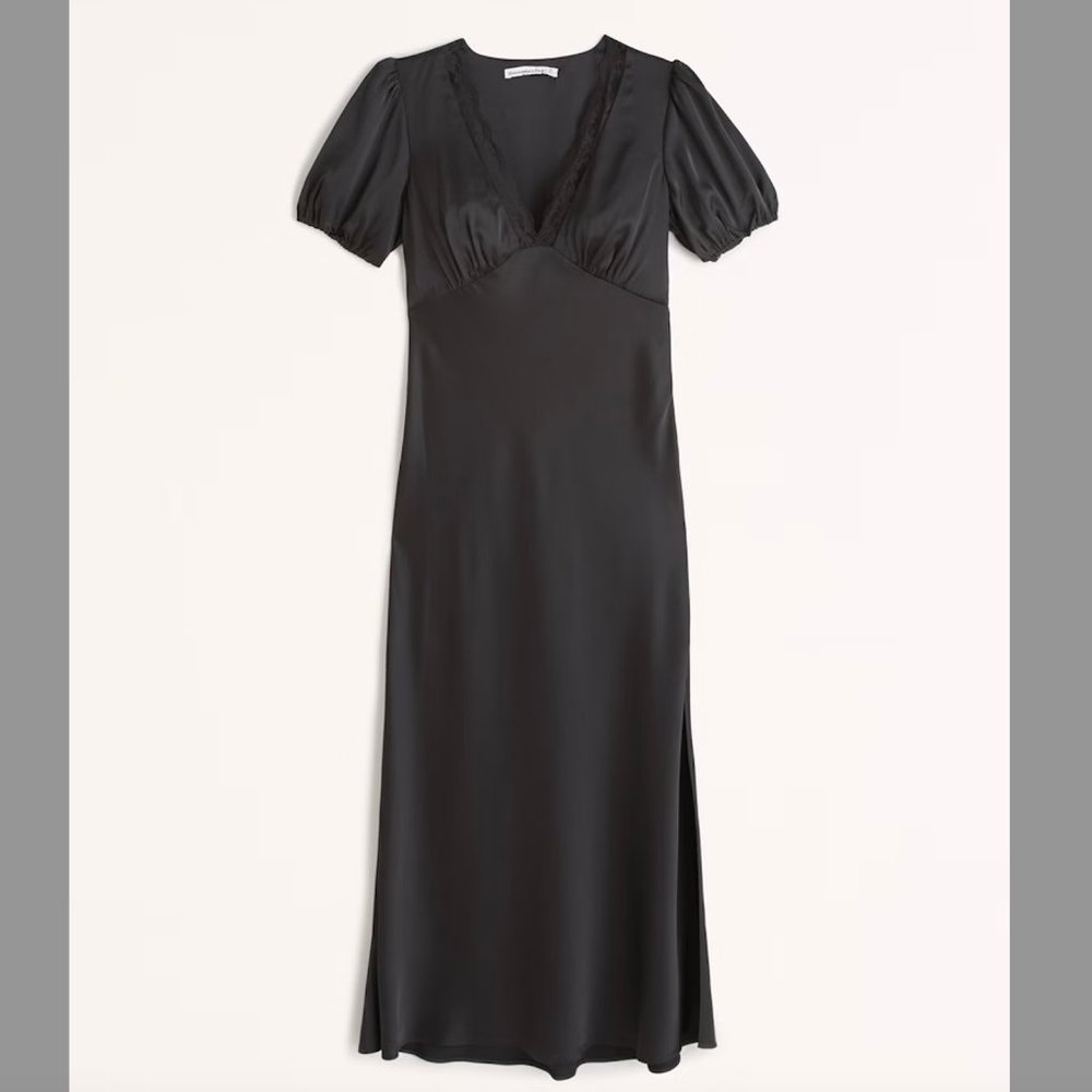 Puff Sleeve Lace Trim Black Silky Midi Dress